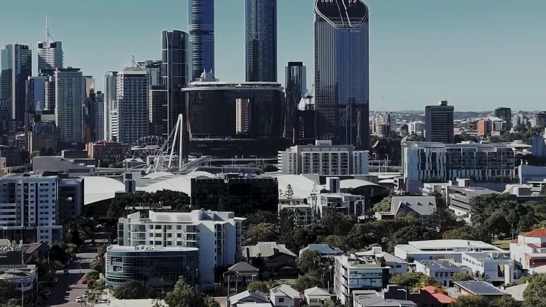 Drone shot of the Brisbane skyline and suburbs from one of our shoots