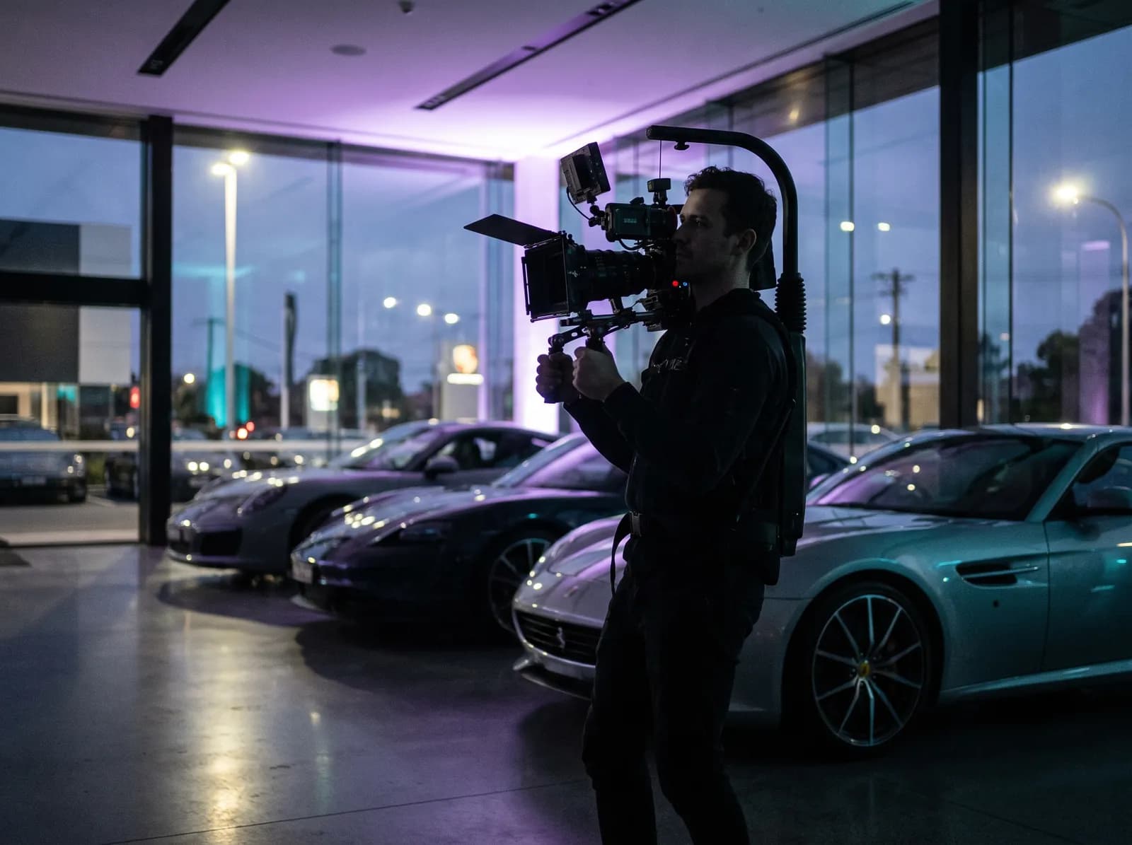 Video crew filming a business owner on location for a social ad