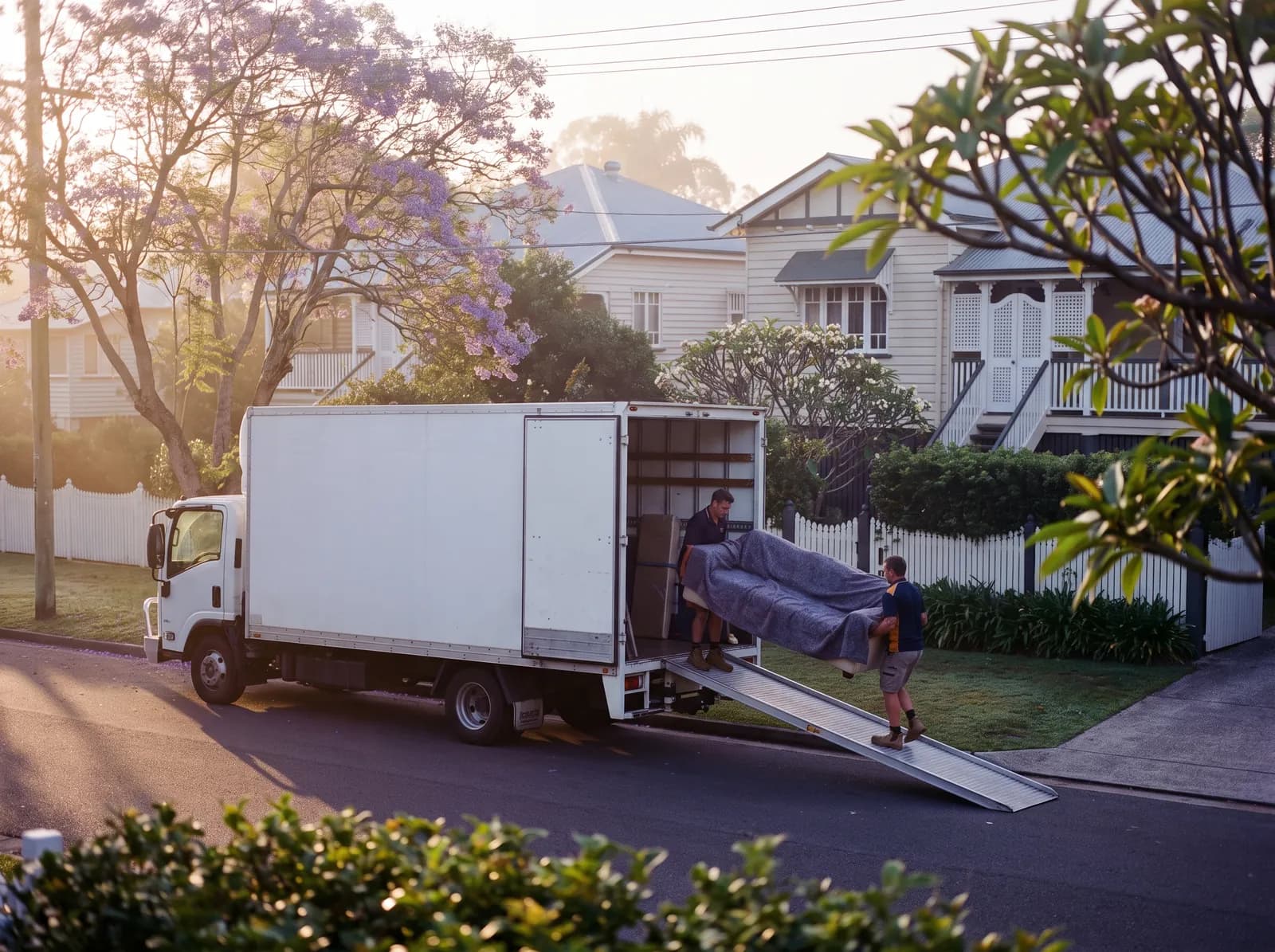 Removalists loading a truck at sunrise outside a suburban home